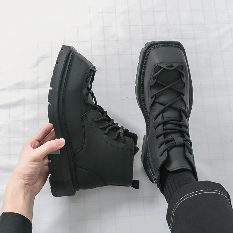 Autumn New Men Comfortable Lace Up Side Zipper High Top Leather Shoes Fashion Brand Round Toe Thick Soled Non Slip Outdoor Boots
