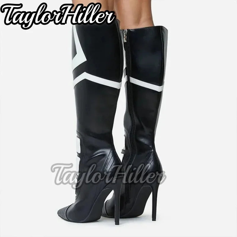 Black White Patchwork Boots Pointy Toe Stiletto High Heels Hollow Out Denim Botas Women Luxury Designer Shoes Sports Style 2026