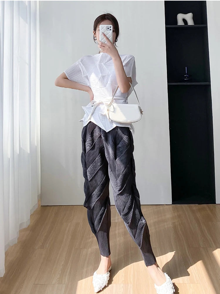 Miyake Pleated Pants Women Elastic Wiast 2023 New Summer Versatile Casual Pencil Trousers Solid Color Female Fashion  Pants