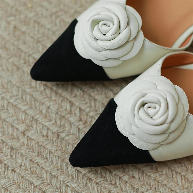 Dilalula Summer Genuine Leather Covered Toe Flower Sandals Ladies Sweet Low Thick Heels Elegant Flower Mixed Color Dress Shoes