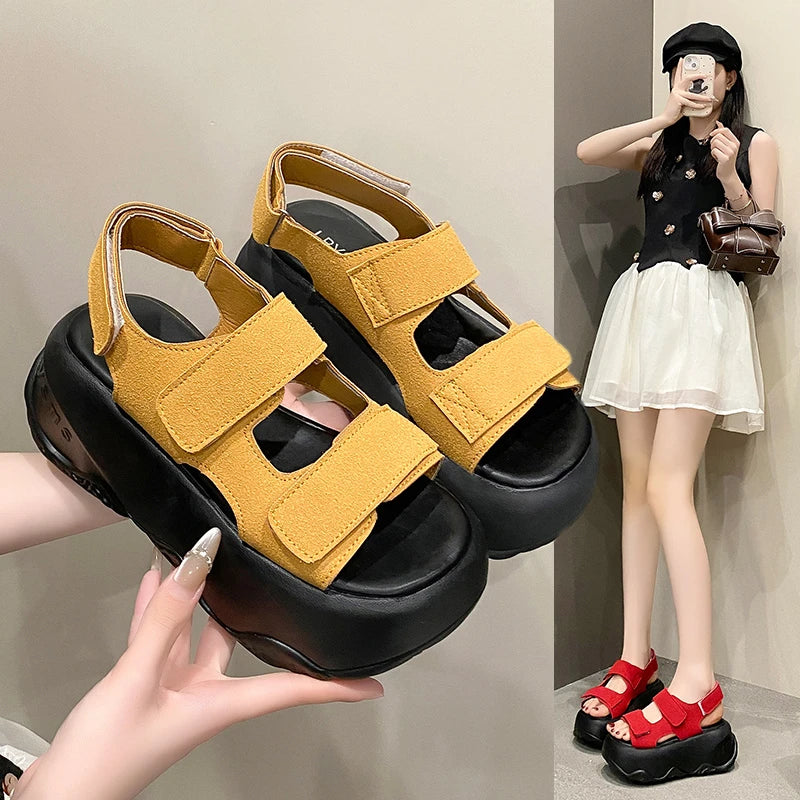 7CM High Platform Leather Sandals Women New Summer Breathable High Heels Ladies Beach Sneakers Wedges Chunky Slippers Sandalias