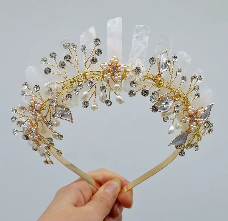 Natural Amethyst Quartz Crown Raw Stone Wand Hairpin with Flower Rhinestone Hand Crafted Women Hair Band for Party Birthday Gift