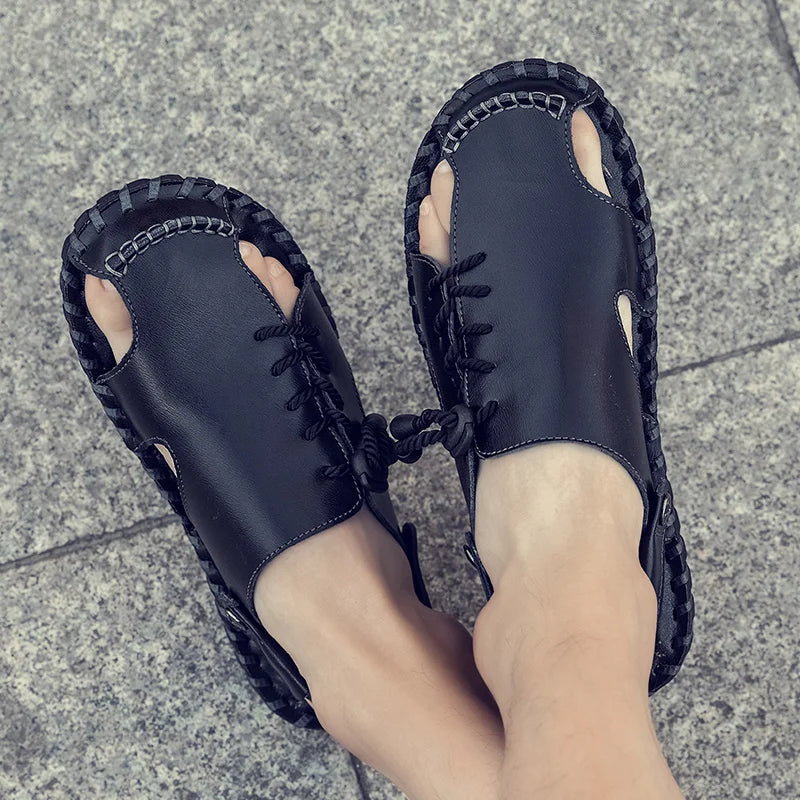 Fashion Mens Sandals Genuine Leather Summer Beach Slippers Male Non-Slip Soft Comfortable Outdoor Shoes High Quality Man Sandals