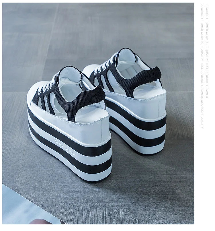 Fujin 12cm Platform Wedge Shoes Sandals for Women Sneakers Summer Shoes Hollow Cut Summer Sneakers Genuine Leather