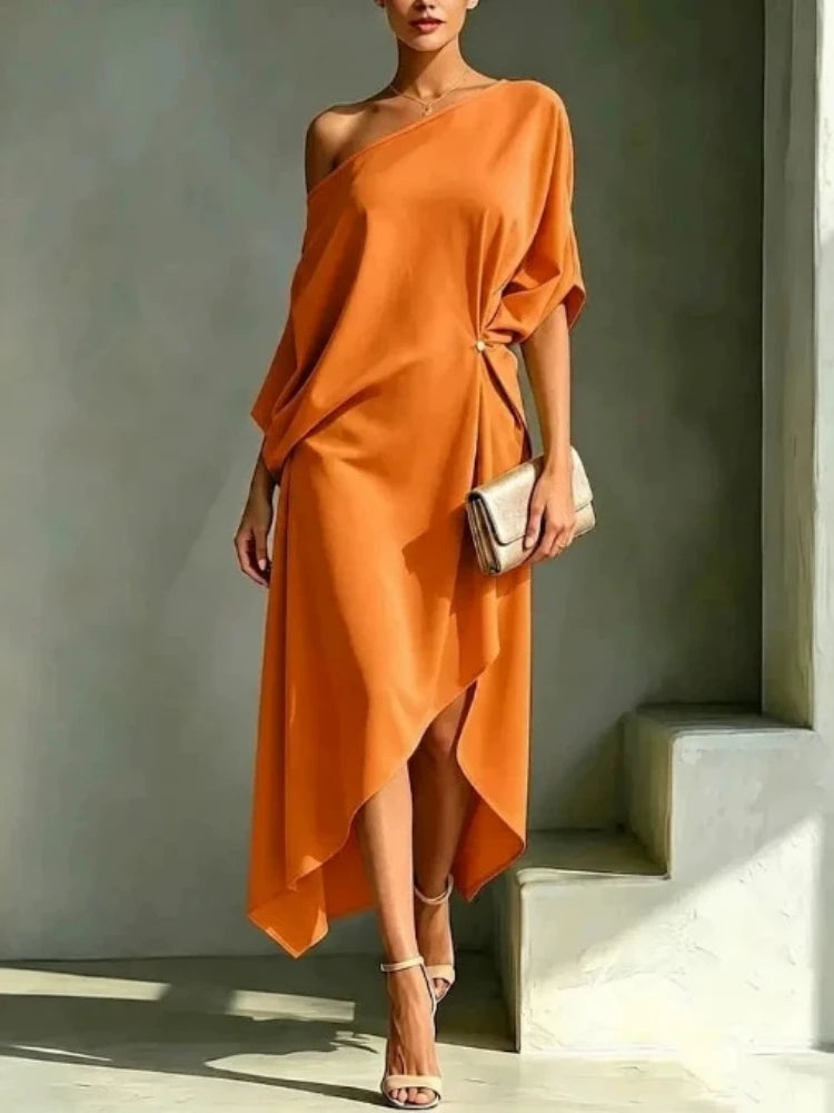 Elegant Off Shoulder Half Sleeve Dress Women Summer Batwing Sleeves Irregular Button Design Vintage Casual Holiday Beach Dresses