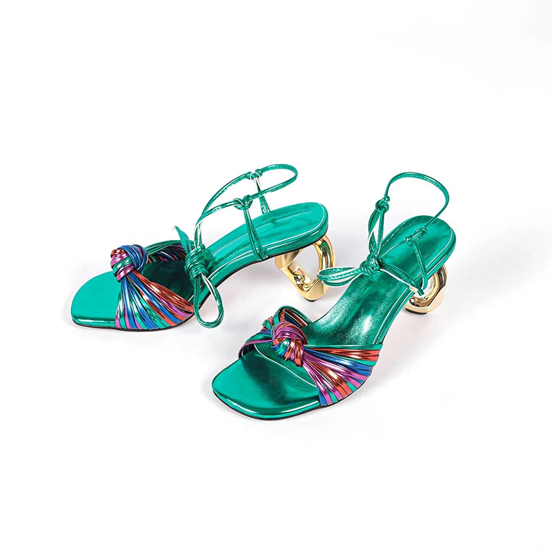 French Style Colorful Narrow Band Sandals Women High Strange Heels Ankle Wrap Party Wedding Sandals Ladies Dress