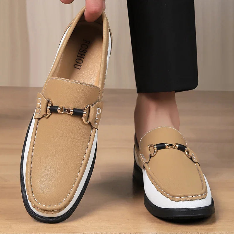 Luxury Brand Genuine Leather Mens Shoes Wedding  Slip on Loafers New Trend Metal Buckle Moccasins Versatile Male Business Shoes