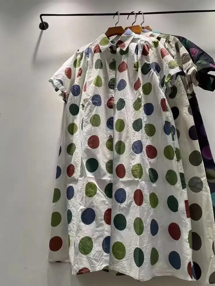Fall clothes 2025 women Japan style pure cotton short sleeve polka dot print dress for women summer Hawaii long shirt dress