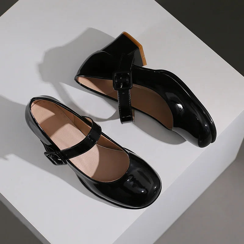 Spring Autumn Women Platform Mary Janes High Thick Heel Orange Red Patent Leather Dress Office Lady Round Toe Buckle Strap Pumps