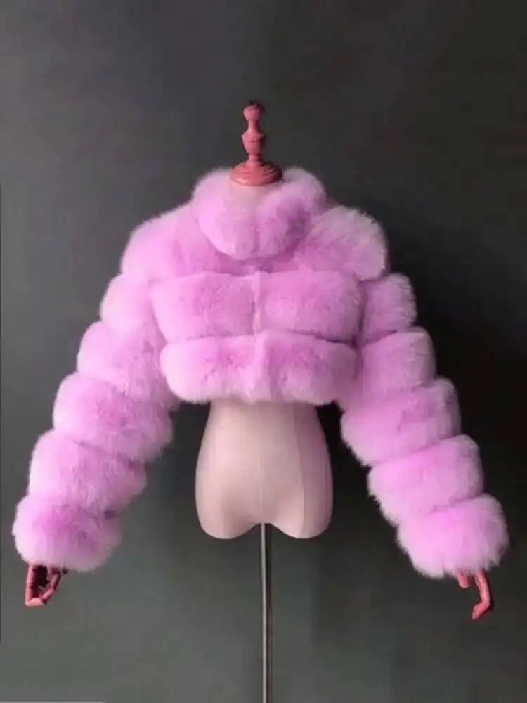 DEAT Fashion Women's Faux Fur Coat Stand Neck Long Sleeve Zipper Short Solid Color Thick Warm Jackets Winter 2024 New 7AB6434