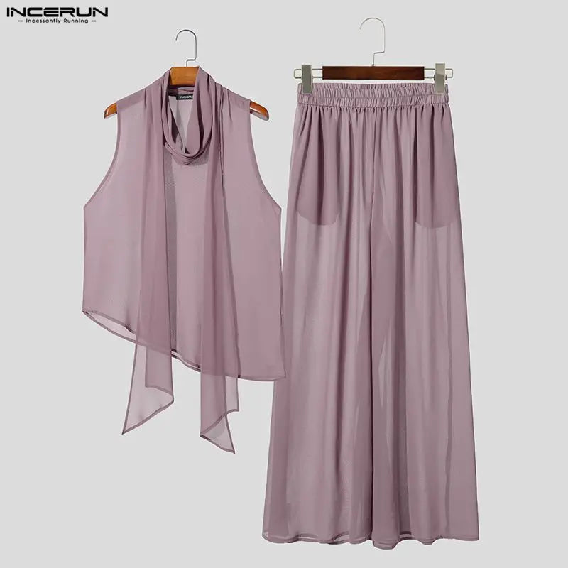 INCERUN Men's Sets Solid Chiffon See Through Sleeveless Irregular Tank Tops Pants Two Piece Sets Oversize 2026 Men Matching Sets