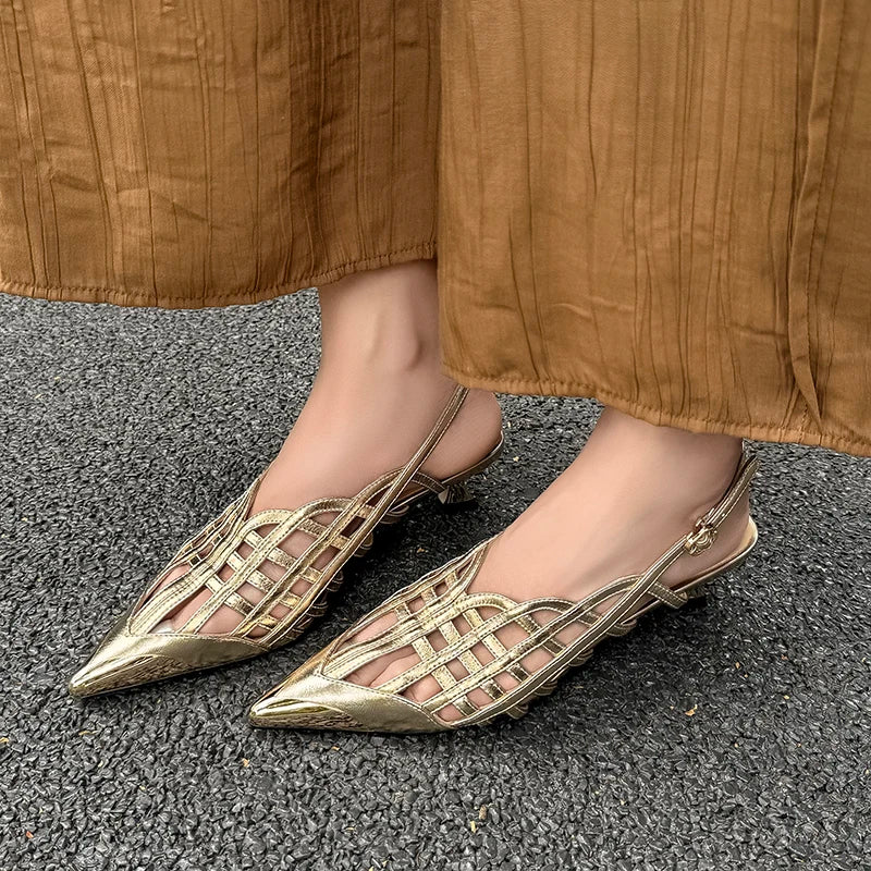 Sexy Real Leather Sandals Women Covered Metal Head Toe Narrow Band Sandals Ladies Party Dating Summer Med Heels