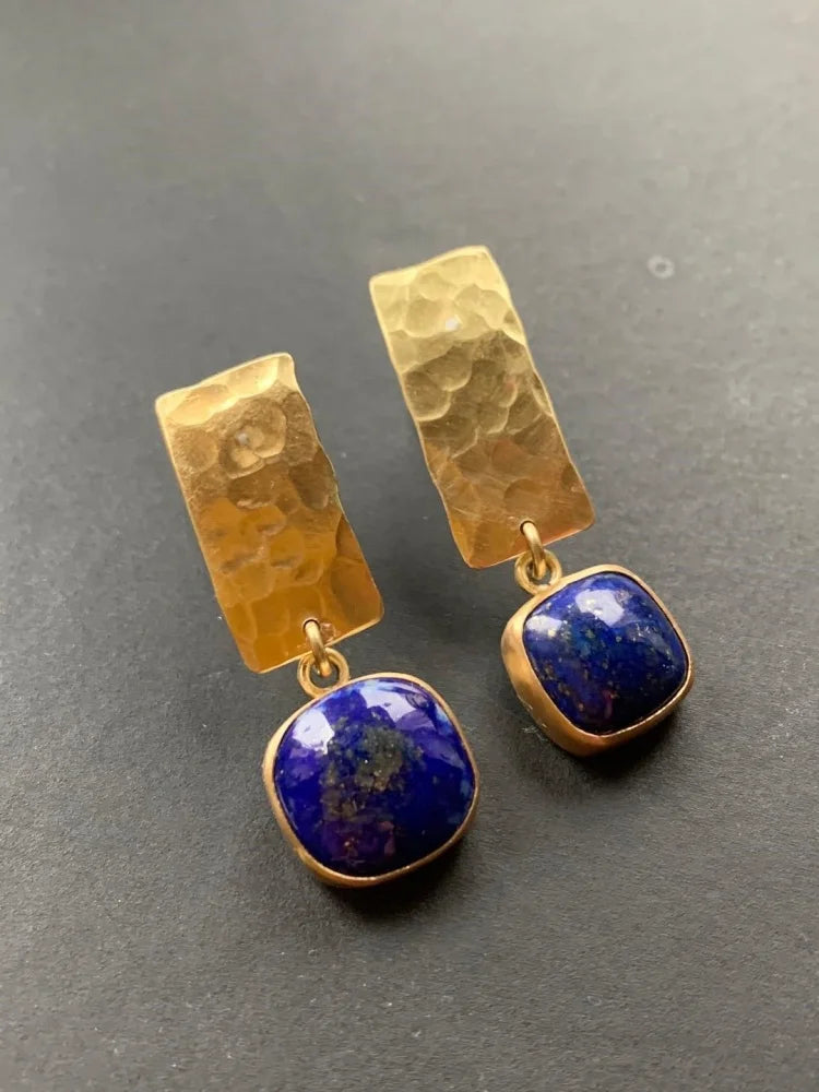 Boho Lapis Lazuli Square Shape Drop Dangle Earrings Retro Style Golden Women's Jewelry