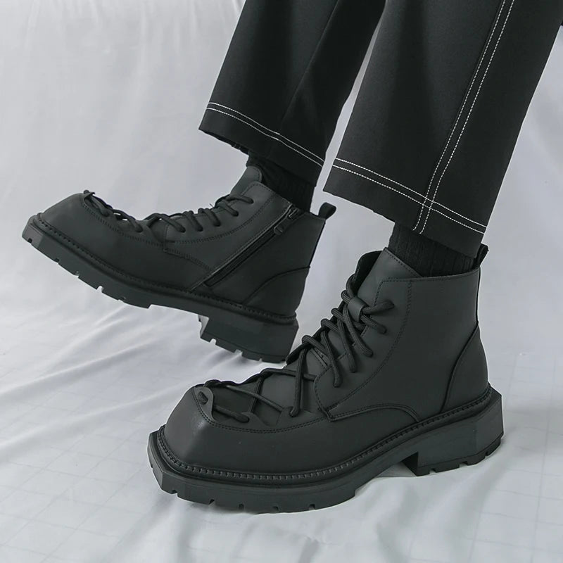 Autumn New Men Comfortable Lace Up Side Zipper High Top Leather Shoes Fashion Brand Round Toe Thick Soled Non Slip Outdoor Boots