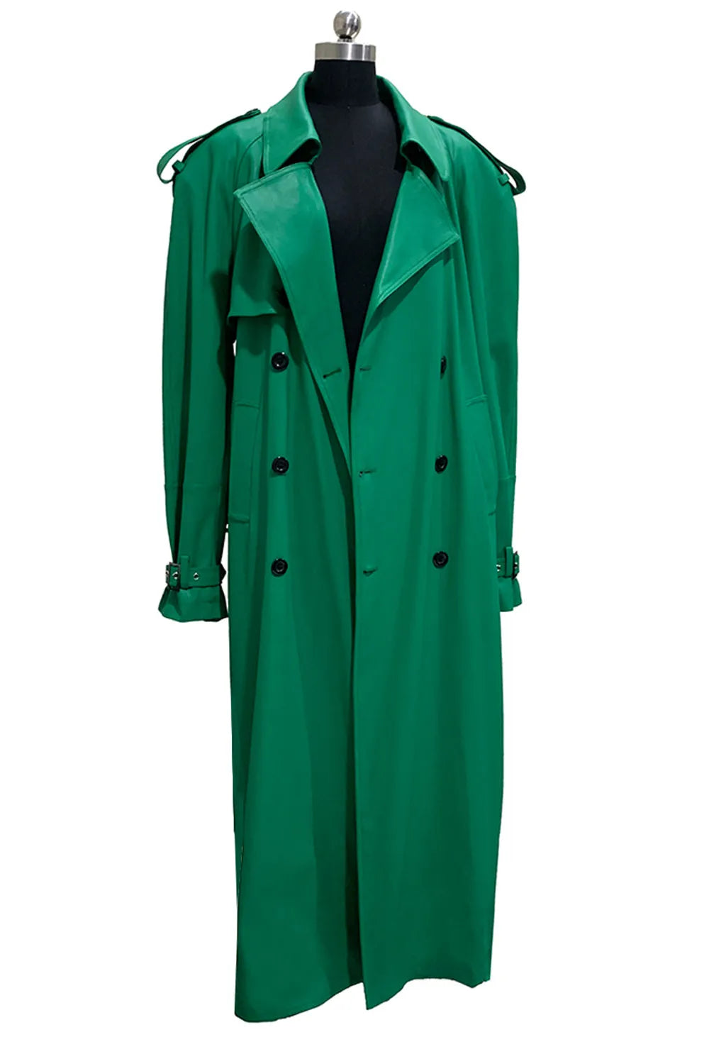 Nerazzurri Autumn Extra Long Soft Green Oversized Pu Leather Trench Coat for Women Shoulder Pads Belt Double Breasted Overcoat