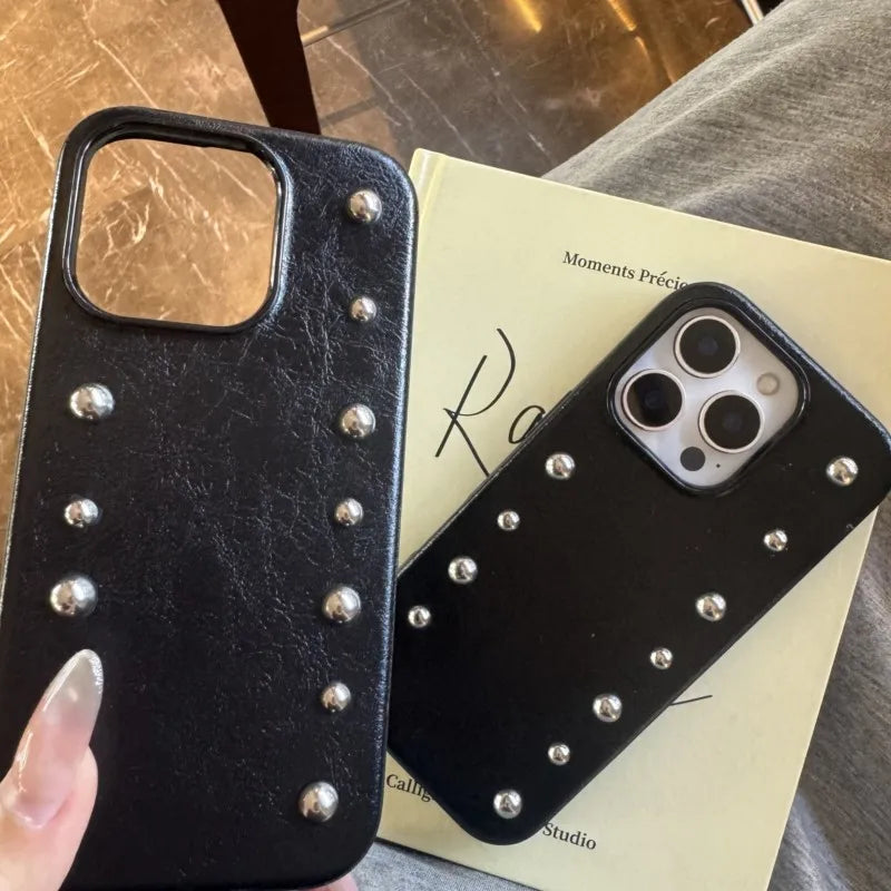 Chic iPhone case Personality Advanced Silver round Rivet Solid Color Leather Shock Proof Phone Cover for iPhone 17Promax 16 15 14 13 Pro Max Case
