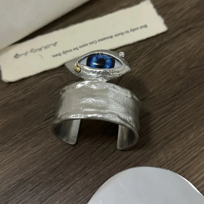 Vintage Ethnic Alloy Metal Blue Eyes Cuff Bracelet For Women Fashion Jewelry Exaggerated Hand Open Bangles Accessories