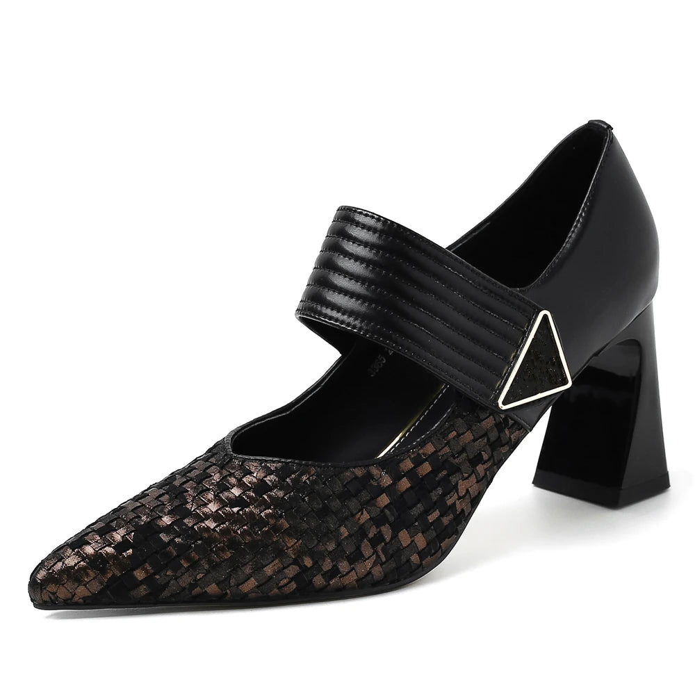 Aucegi Classic Chunky Hight Heels Woman Genuine Leather Woven Cow Suede Pumps Pointed Toe Elegant  Magic Paste Party Shoes