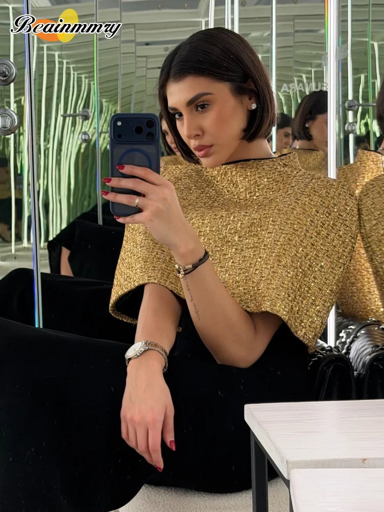 Elegant Chic Gold Sparkle Capelet Top Shiny Tweed Shoulder Wrap Turtleneck Short Cloak New Lady Evening Club Party Tops 2026