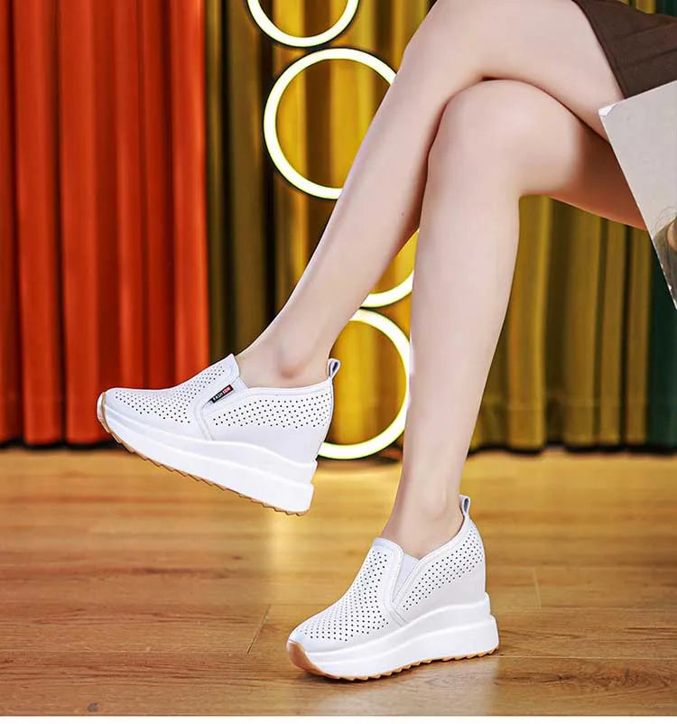 Fujin 10cm Women Summer Breathable Casual Sandals Platform Wedge Fashion Ins White Genuine Leather Chunky Sneaker Hollow Shoes