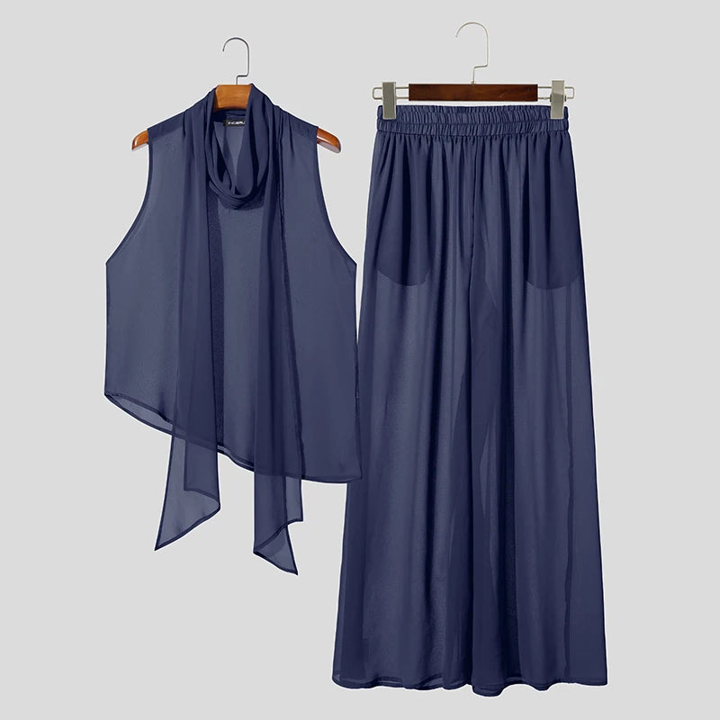INCERUN Men's Sets Solid Chiffon See Through Sleeveless Irregular Tank Tops Pants Two Piece Sets Oversize 2026 Men Matching Sets