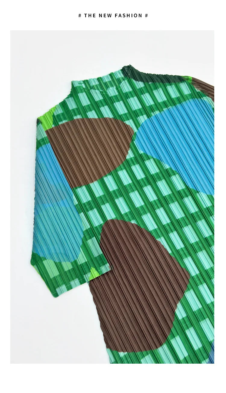 Miyake Elegant Green Plaid Color Block Print Pleated Top Mock Neck Half Sleeve Elastic Tee Daily Commute Office