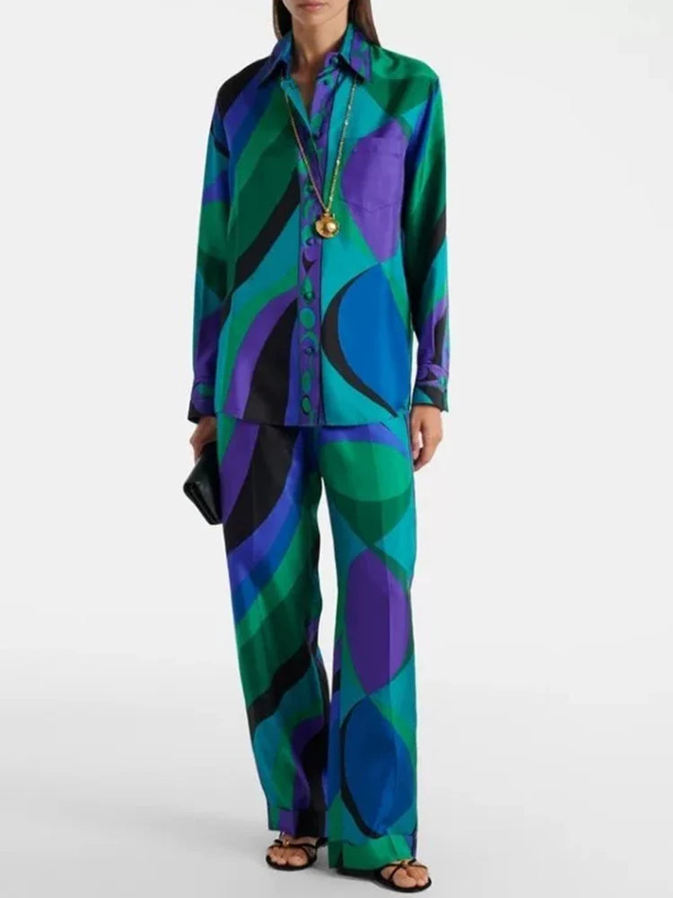 Retro geometric print lapel straight tube silk shirt two-piece set 2026 autumn women's clothing+loose wide leg pants fashion set