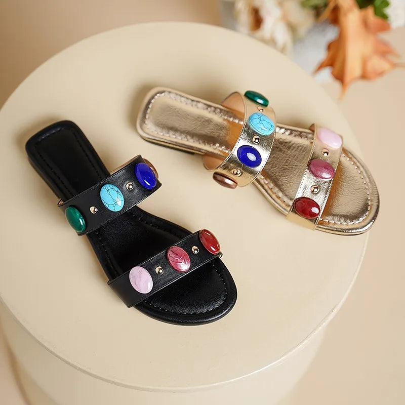 Dilalula Genuine Leather Bohemia Style Casual Slippers Women Peep Toe Low Heel Colorful Stone Decoration Slides Female Beach