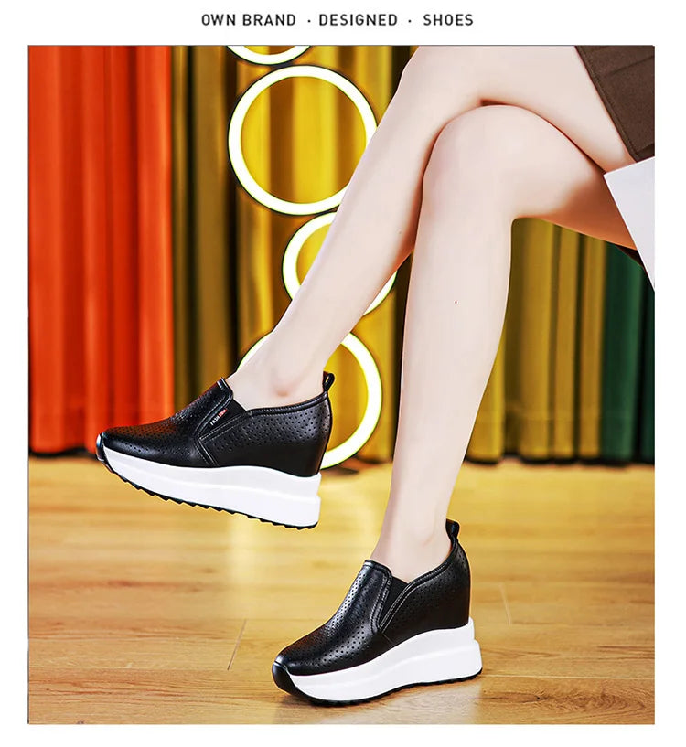 10cm Microfiber Platform Heel Wedge Shoe Sneakers Pumps White Platform Air Mesh Hollow Pumps Shoes Summer Women Zapatos de Mujer