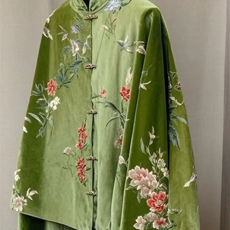 Chinese Style Small Green Velvet Jacket Women 2025 New Spring Autumn Embroidered Stand Collar Buckle Female Coat