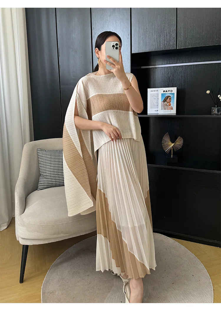 Miyake Pleated Two Piece Skirt Sets Women Sleeveless Irregular T-shirt Long Contrasting Color Skirt