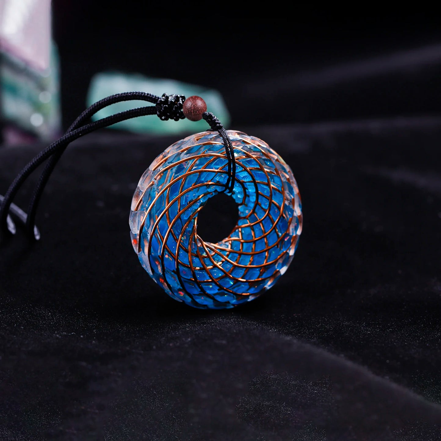 Rodin Coil &Opal Orgone Pendant Necklace , Blue glass pendant jewelry, Chakra Balancing, Adjustable Chain