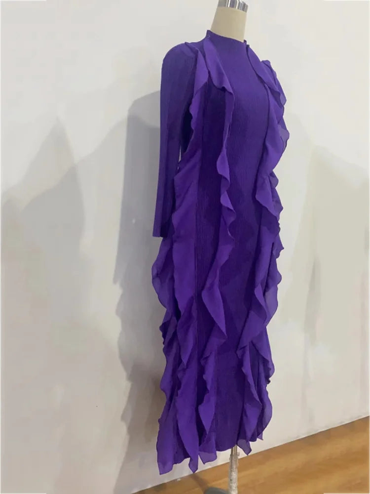 Miyake Pleated Fashion Dress O-Neck Long Sleeve Spliced Ruffles New 2023 Summer Evening Party Clothing Lady Middle East HotSales