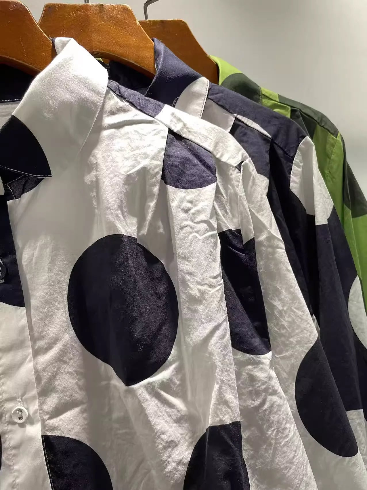Bust 118cm Middle Aged Women Fall Clothes Japan Style Green Polka Dot Print Pure Cotton Shirt Dress for Women Autumn Loose Dress