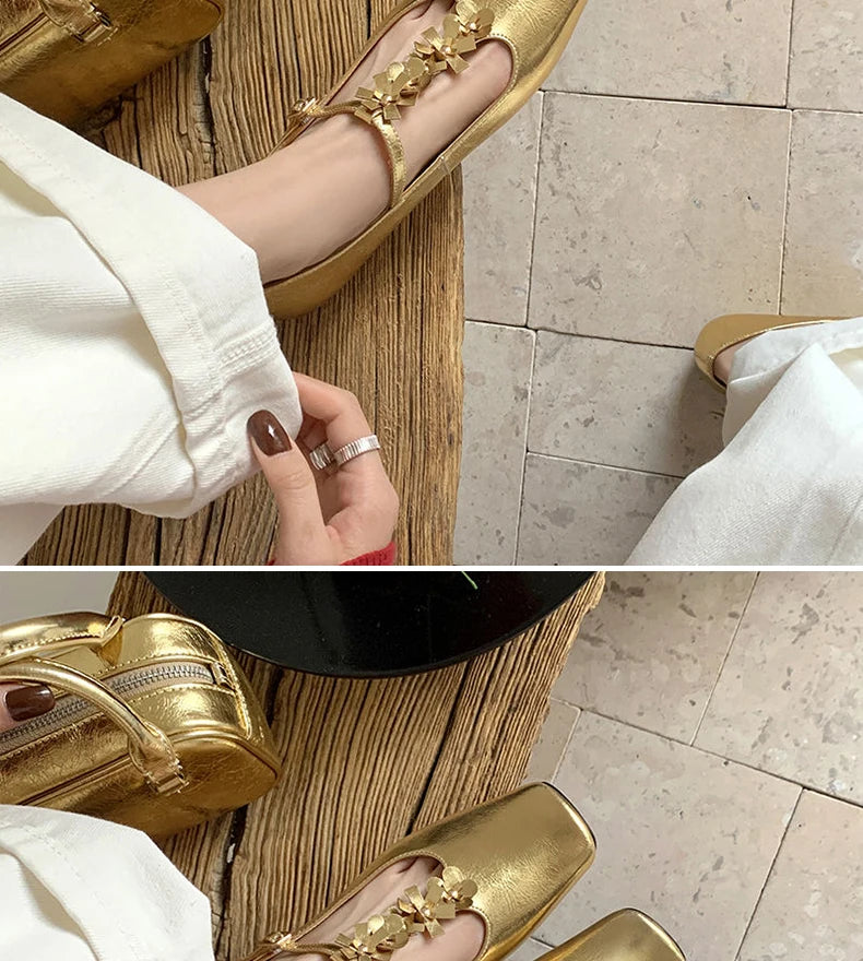 Ods Lolita Shoes 3cm Heels Square Toe Lace-Up Classic Style Sandals Ladies Slip On Shallow Mouth 2025 Mary Jane 5cm Gold Retro