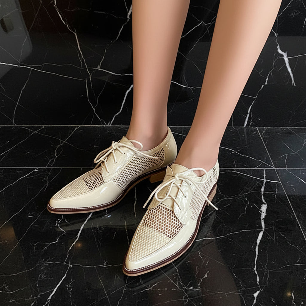 Spring Summer Genuine Leather Mesh Pumps Women Pointed Toe Lace Up Med Thick Heels Breathable Office Ladies Shoes 2025