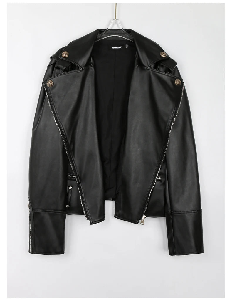 Lautaro Spring Autumn Cool Bright Green Pu Leather Biker Jacket Women Zipper Long Sleeve Luxury Designer Streetwear Fashion 2022