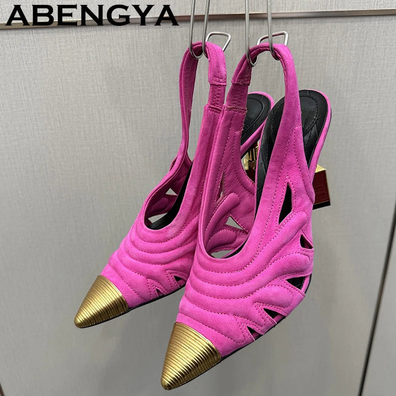 Fashion Strange High Heels Sandals Women Metal Pointy Toe Suede Slingbacks Pumps Summer Sexy Party Wedding Brides Shoes Female