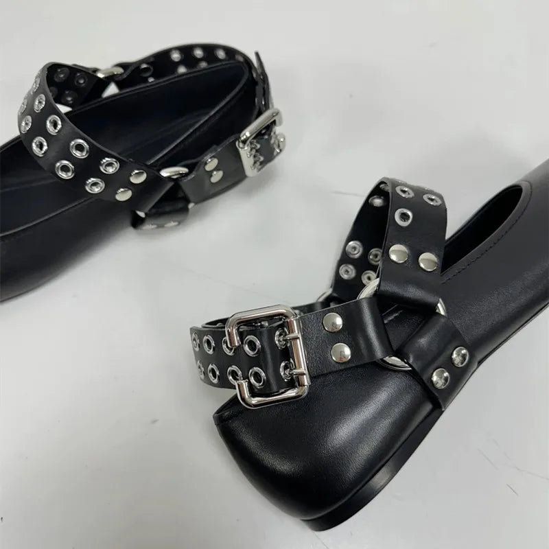 Fashion Square toe Rivet Metal buckle Women Ballet Flats Comfortable Soft Leather Mary Janes Boats Loafers Casual lazy Shoes