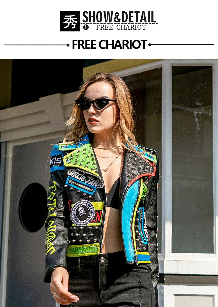 Candy Punk Streetwear Motorcycle Leather Jackets Women 2025 Trend Contrast Color Print Short Punk Studded Faux Leather Biker Jacket