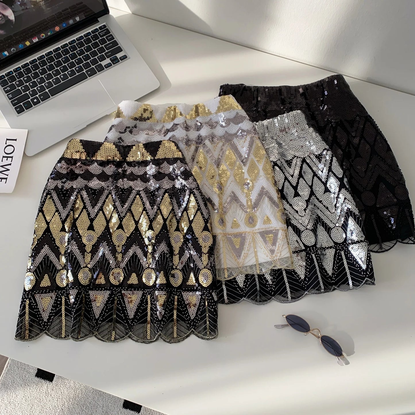 Faionable Heavy Embroidery Sequin High Waist Slim A-Line  Skirt Women's Autumn Small Fraance Sle Commute Skirt
