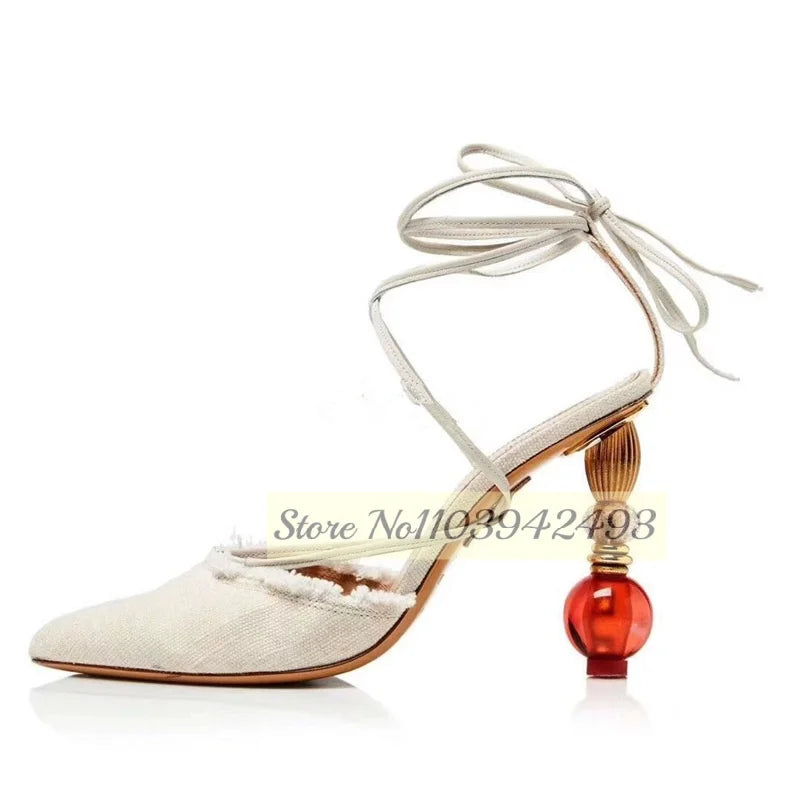 Light Blue Heels Lantern Heeled Sandals Women Strappy Pointed Toe Luxury Desigher Shoes Lace Up Solid White Blue Shoe Sandalias