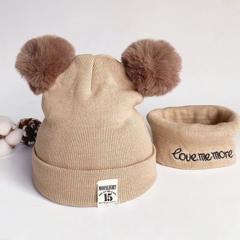 Autumn Winter Warm Baby Knitted Hats with Scarf Kids Knit Beanie Caps Solid Color Children's Hat Toddler Boys Girls Accessories