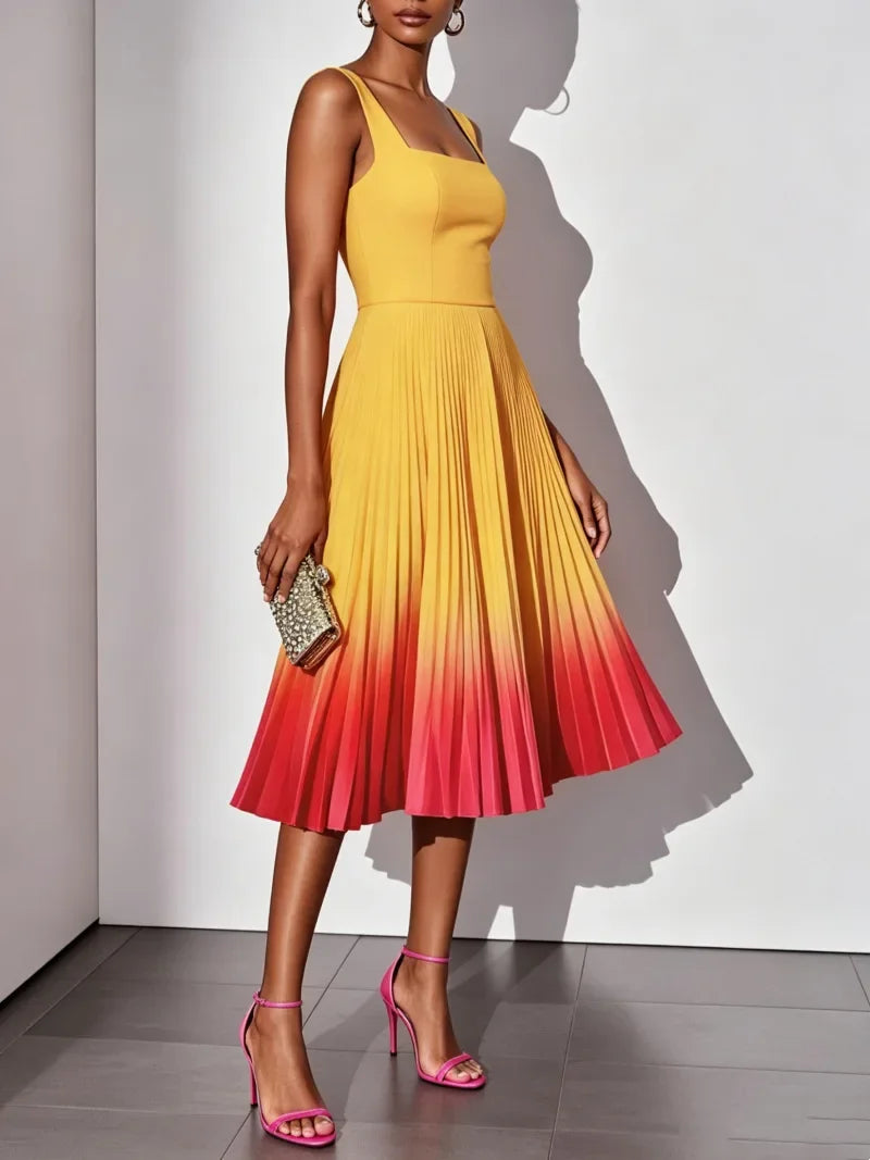 Square Neck Wide Strap Fitted Bodice Gradient Pleated Flared Midi Dress  A Line Elegant Cocktail Party Knee Length Gown