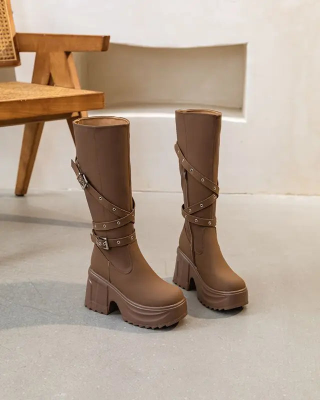 Fujin 10cm Microfiber Women Boots British Boots ZIP Synthetic Leather Ankle Spring Platform Wedge Knee High Fashion Autumn Shoes