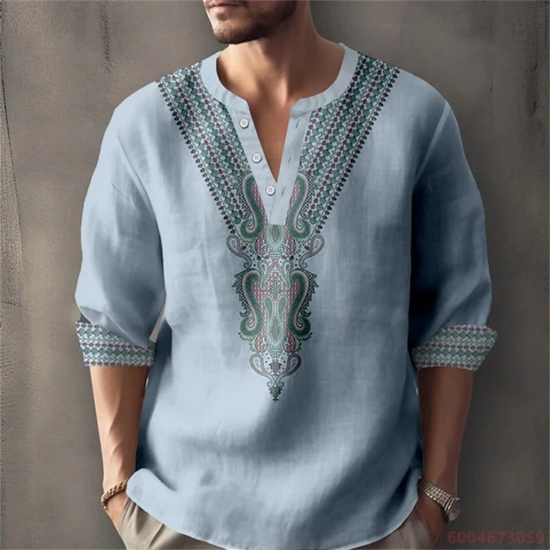 Men's Long-Sleeved Shirt for Summer Vacation, Featuring a Color-Blocked Geometric Print and Henley Collar; Stylish Men's Shirt.