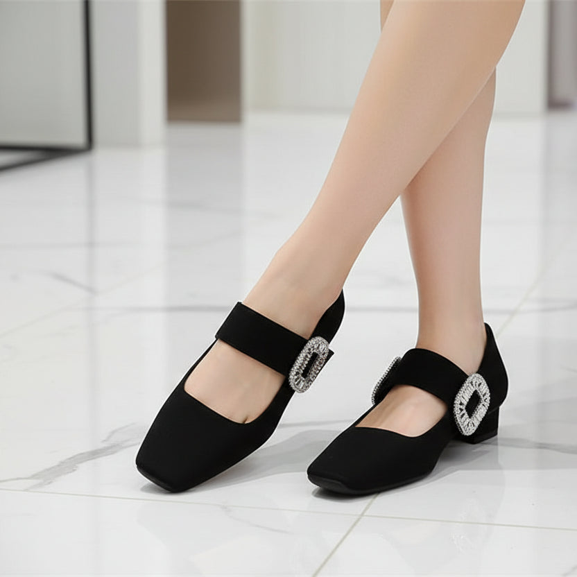 European American Style Banquet Suede With One Strap Marie Zhen Rhinestone Thick Heel Low Heel Square Toe Single Women Shoes