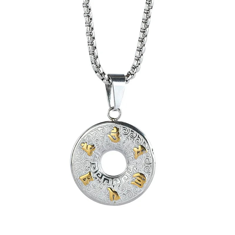 Buddhism Sanskrit Oṃ Six Syllable Mantra Lotus Flower Titanium Steel Pendant Necklace Mascot Amulet Charms Dangle Choker Jewelry