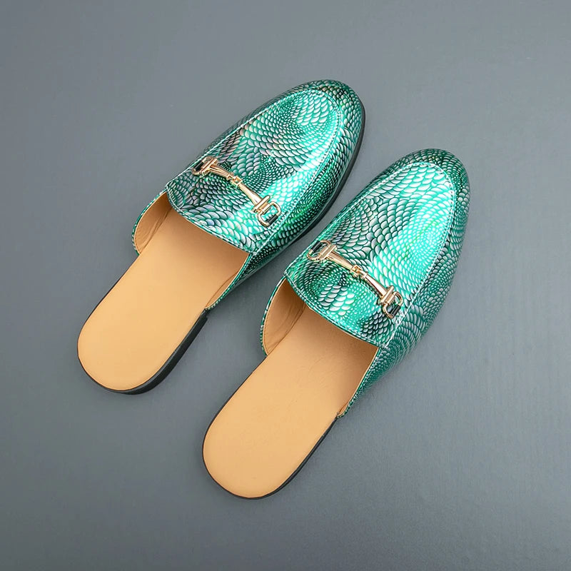 Fashion Brand Men's Cool Snake Skin Pattern Comfortable Half Back Leather Shoe Summer Men Breathable Bottom Casual Leather Shoes