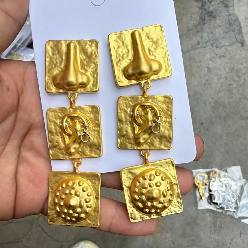 French Retro Embossed Nose And Ear Square Patchwork Earrings Unique Fashionable Earrings Women Trendy Jewelry Accessories